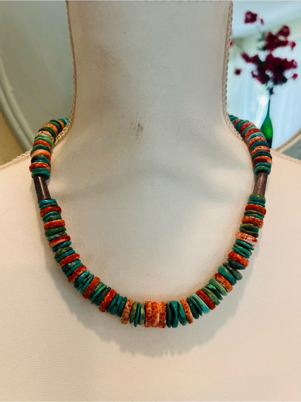 Turquoise & Coral Disc Bead Necklace - Women Jewelry